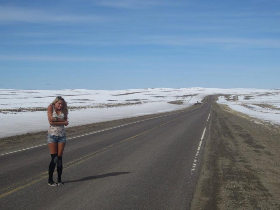standing on the road in Patagonia Argentina